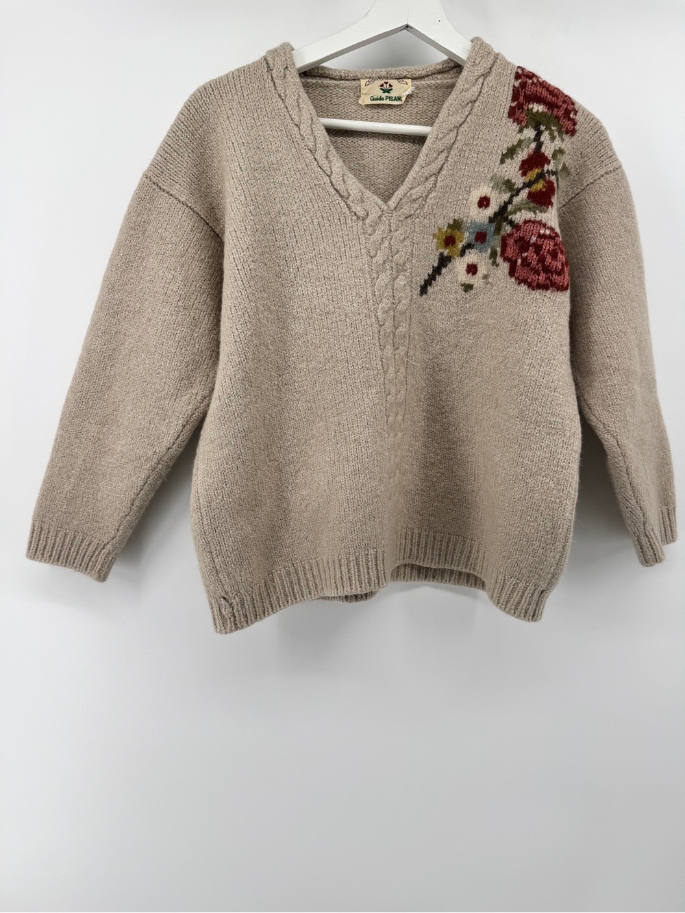 Vintage Beige V-Neck Floral Embroidered Knit Sweater